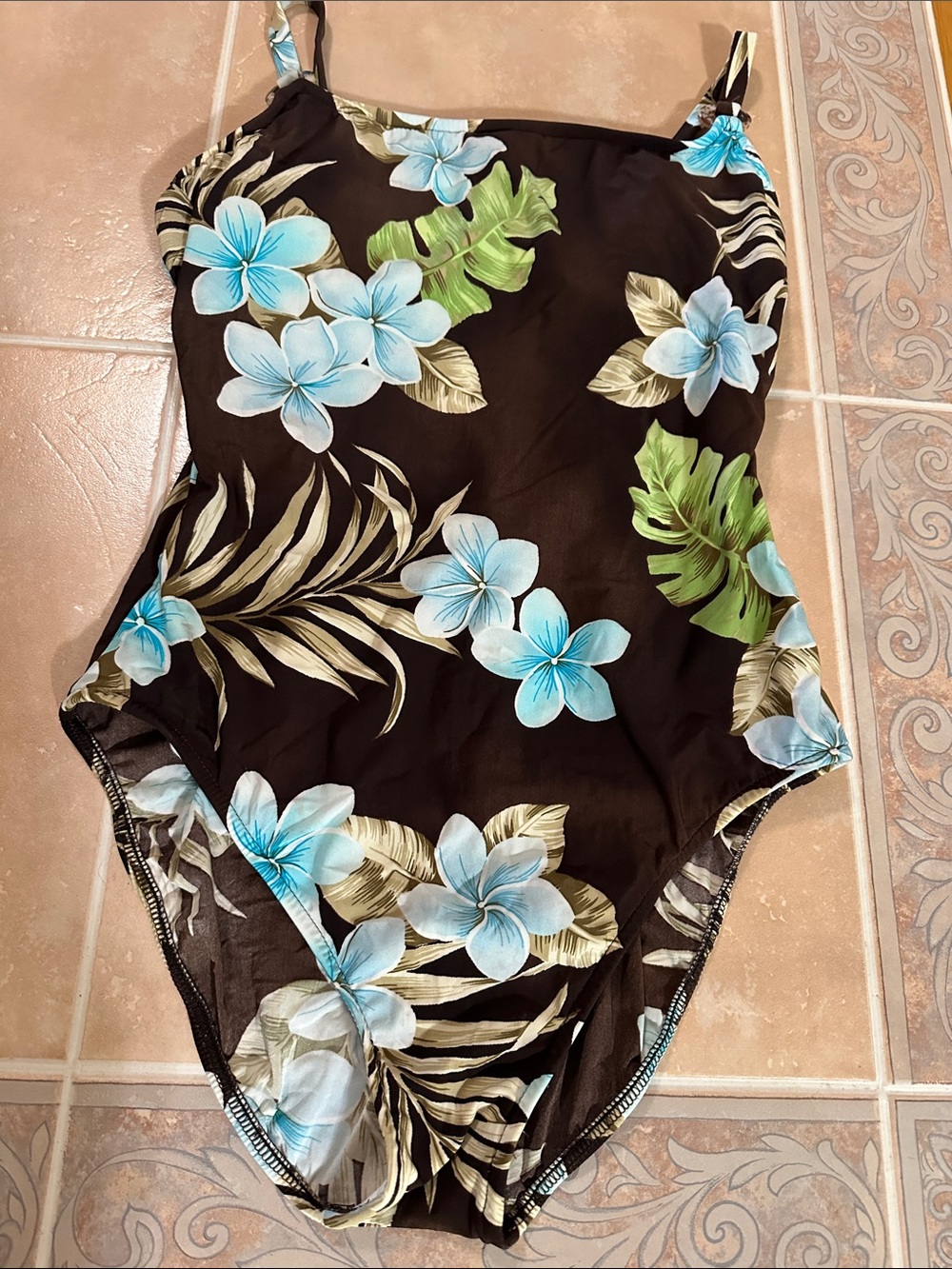 Black Floral One-Piece Swimsuit with Blue Plumeria